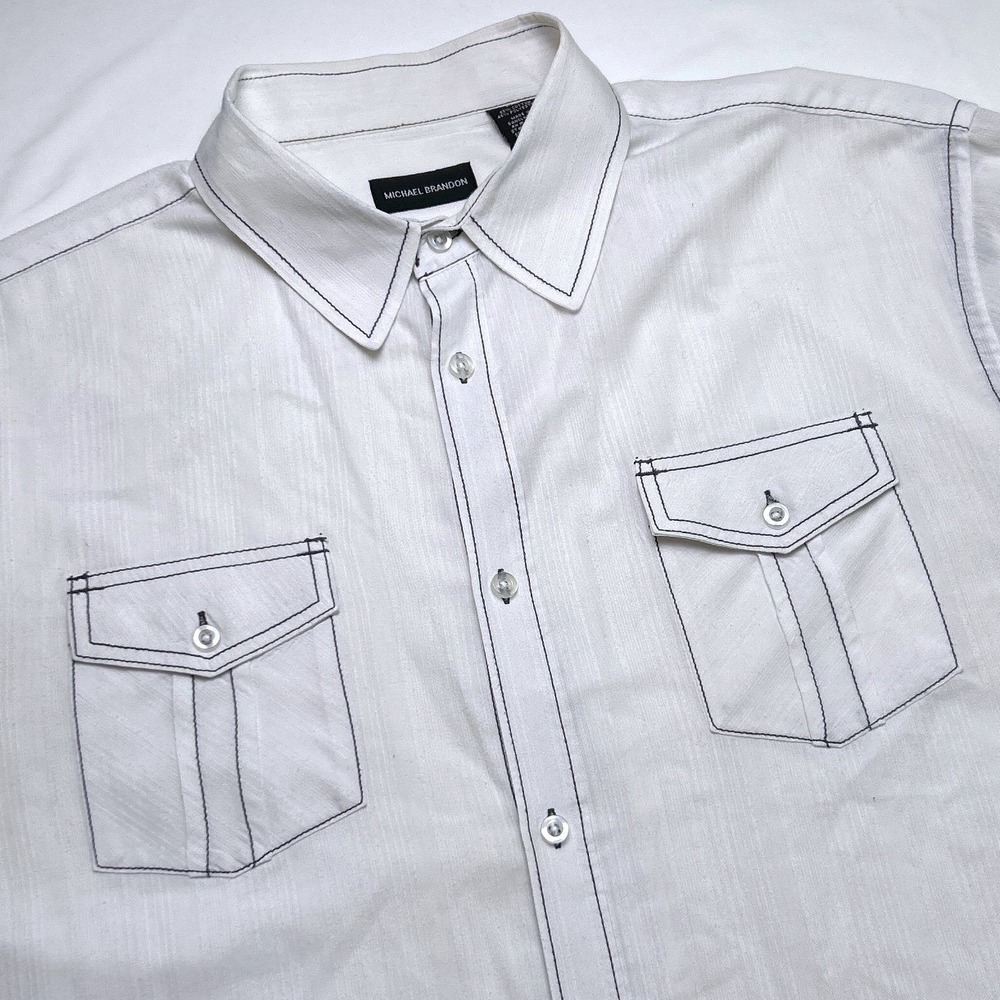 Michael Brandon Men Contrast Stitch Long Sleeve Button Down Shirt White Size XXL